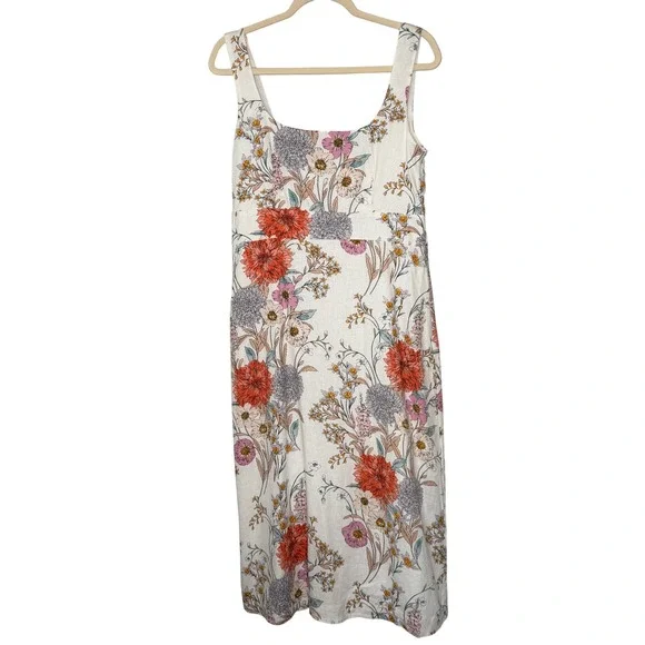 Ann Taylor Floral Linen Blend Smocked Midi Dress White Orange Pink 6 NEW $179 - Picture 2 of 16